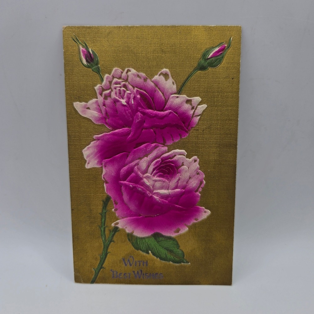 Antique‎ Embossed Pink Roses Gold Gilt Postcard With Best Wishes 1909 Germany